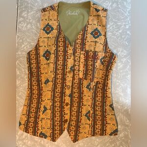 Vintage-Inspired Patterned Button Front Vest Top in Peach & Olive Reversable S